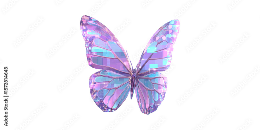 Poster colorful digital butterfly with geometric patterns. symbol of transformation and innovation isolated