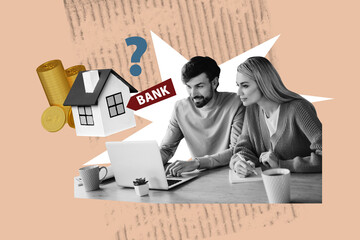 Creative design composite artwork collage of man lady work laptop real estate agent income earnings...