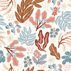 Floral hand drawn vector seamless pattern in winter colors