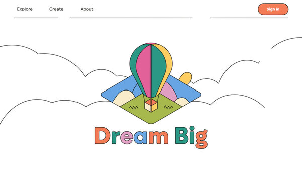 Hot Air Balloon Ascends above Landscape, Illustrating the 'Dream Big' concept with a whimsical, colorful design and copy space.