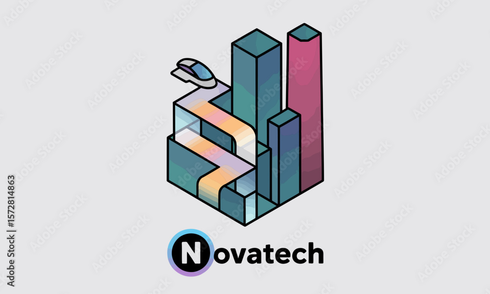 Poster mouse navigates a colorful isometric graph, symbolizing data analysis and business growth with copy 