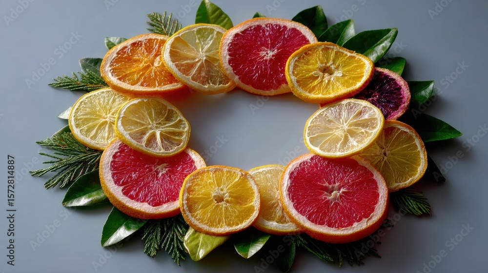 Poster sliced oranges and lemons arranged in a circular pattern on a wooden table with natural lighting.