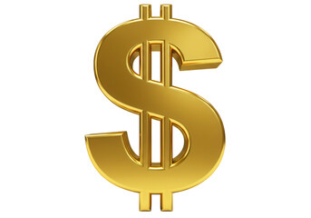 A gleaming golden dollar sign stands prominently against a stark white backdrop, symbolizing wealth isolated on transparent background