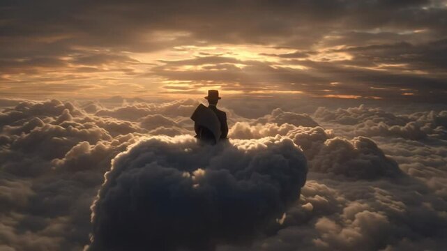 Person Sitting on a Cloud During a Dramatic Sunset Above the Horizon Generative AI