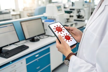 Scientist holding phone showing virus icons in laboratory image