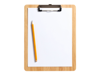 Realistic Wooden Clipboard with Blank Paper and Graphite Pencil on the Side, PNG Cutout