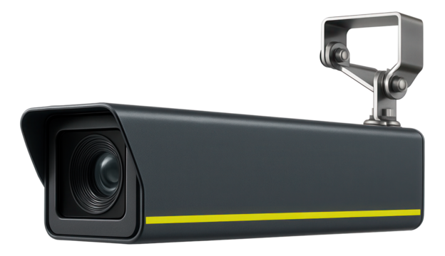 Overhead gantry-mounted traffic camera with a large rectangular body