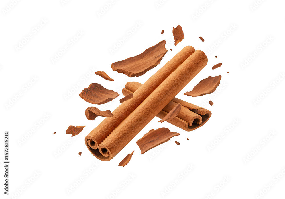 Poster aromatic cinnamon sticks with scattered bark pieces create a warm and inviting culinary scene isolat