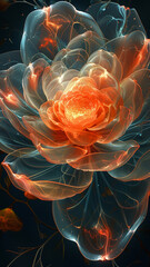 A radiant surreal flower blooming wide with neural-petal structures, joy radiating outward in warm golden light, hybrid of botanical forms and emotional energy
