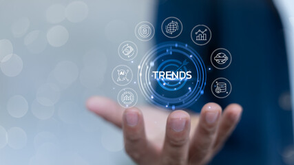 Businessman showing virtual interface with global digital technology and future business trends, including AI, data analytics, cybersecurity, cloud computing, and blockchain innovation.