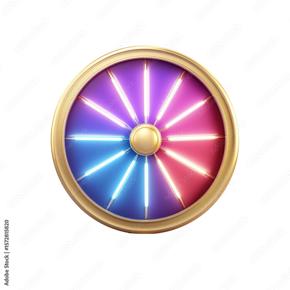 Poster colorful prize wheel with golden frame and glowing sections for game show or event use