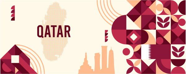 Colorful Geometric Qatar Banner with Cultural Symbols and Flag Elements