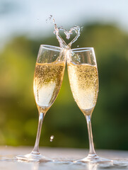two golden champagne glasses clinking in a toast, splashing out forming a heart shape