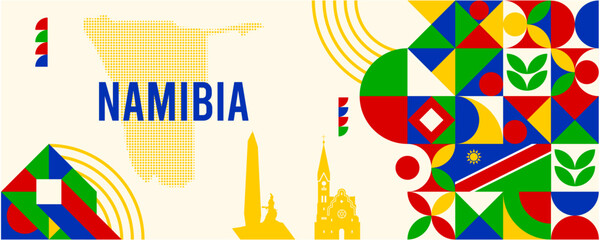 Colorful Geometric Namibia Banner with Cultural Symbols and Flag Elements