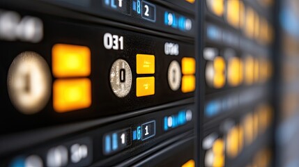 Close-up of a server rack control panel with illuminated buttons and numeric displays