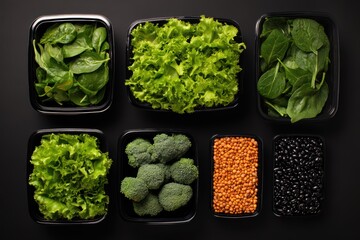 Obraz premium Colorful healthy foods in black containers on dark background: lentils, spinach, broccoli, beans.