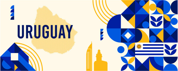 Colorful Geometric Uruguay Banner with Cultural Symbols and Flag Elements