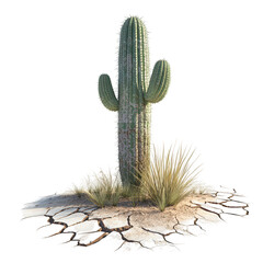 Majestic saguaro cactus with desert grasses on cracked earth isolated on transparent background