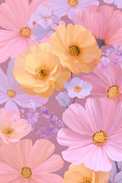 Serenity in Blooms: A Modern Pastel Floral Pattern with Yellow Ranunculus and Pink Cosmos
