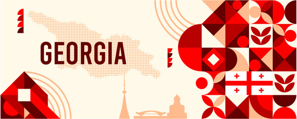 Colorful Geometric Georgia Banner with Cultural Symbols and Flag Elements