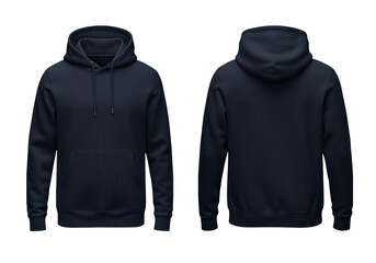A dark navy hoodie is presented in front and back views, ideal for showcasing comfortable and stylish apparel isolated on transparent background