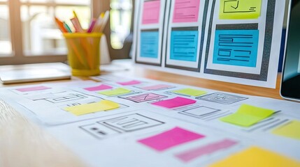 UI/UX design process, website wireframes, and mockups on a desk