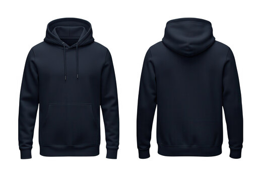 A dark navy hoodie is presented in front and back views, ideal for showcasing comfortable and stylish apparel isolated on transparent background