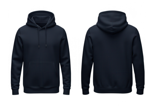 A dark navy hoodie is presented in front and back views, ideal for showcasing comfortable and stylish apparel isolated on transparent background