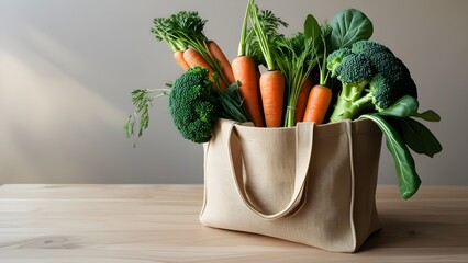 "Reusable Grocery Bag Filled with Fresh Vegetables on Wooden Table | Clean Lifestyle Scene"
