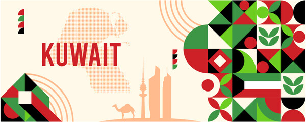 Colorful Geometric Kuwait Banner with Cultural Symbols and Flag Elements