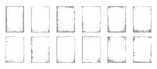 Grunge rectangle frame pack with distressed border textures. Vintage overlay design elements on white background. Dirty rough edge graphic collection.
