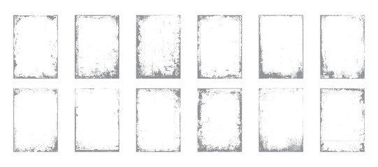 Distressed grunge frame texture bundle with rough rectangle borders. Vintage overlay edge design collection on white background. Dirty worn graphic set.
