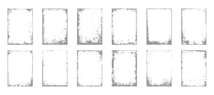 Distressed grunge frame texture bundle with rough rectangle borders. Vintage overlay edge design collection on white background. Dirty worn graphic set.

