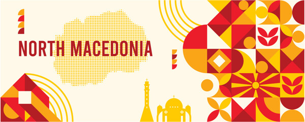Colorful Geometric Macedonia Banner with Cultural Symbols and Flag Elements