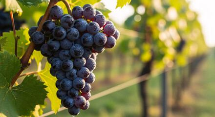 Fototapeta premium Close-up of ripe purple grapes on the vine at vineyard during golden hour, symbolizing harvest, organic farming, winemaking, and fresh seasonal fruit.