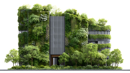 A green building facade with vertical garden and eco glass, isolated on white background,