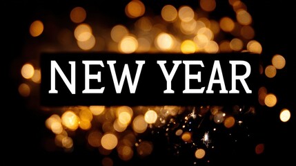 A festive New Year sign illuminated with sparkling lights against a dark, blurred background at night.