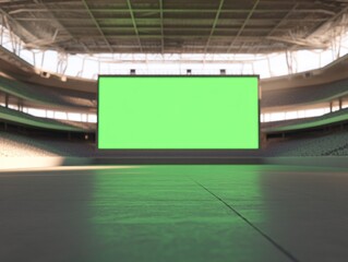 Empty stadium interior with a large blank green screen.