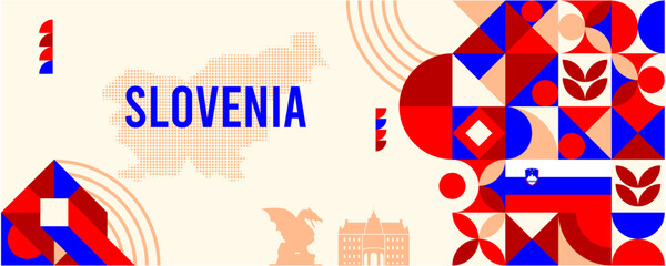 Colorful Geometric Slovenia Banner with Cultural Symbols and Flag Elements