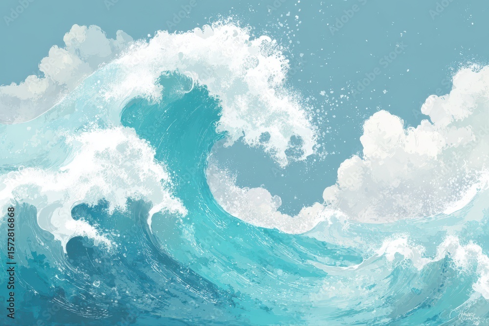 Poster a digital art representation of a large abstract sea wave in pastel colors, creating a serene and ca
