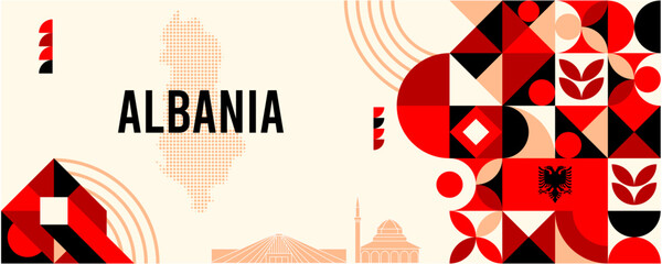 Colorful Geometric Albania Banner with Cultural Symbols and Flag Elements