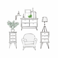 Set of outline interior design objects. Line armchair, couch, dresser, lamp, plant, candle, mirror and decor. Sketch drawings of modern furniture in scandinavian style. Vector ...