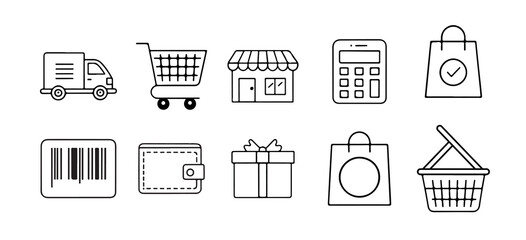 Minimal Shopping Line Icons Sets on White Background