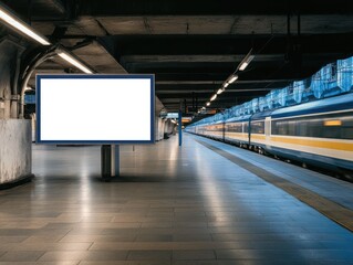 Blank billboard advertisement in a modern train station with a high-speed train arriving at the platform.