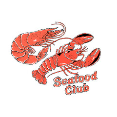 Lobster design. Fish vintage artwork. Modern Seafood club. The Lobster Club. Lobster fish artwork for t shirt print, poster, sticker and other uses