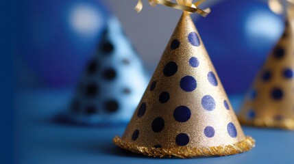 Three blue polka dot party hats arranged on a white background, bright and colorful celebration props.