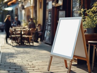 An outdoor restaurant scene featuring a blank sign, with people and tables blurred in the background.
