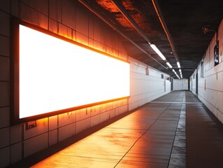 A bright, blank billboard illuminates a tiled underground tunnel with a long vanishing point perspective.