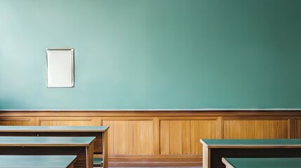 Empty classroom with teal wall and wooden tables