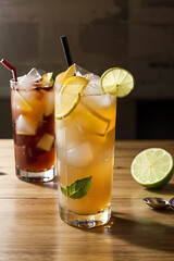 Two filled glasses of cocktails are on a wooden surface